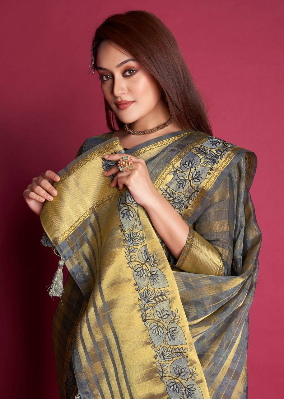 Grey Tissue Organza Silk Saree