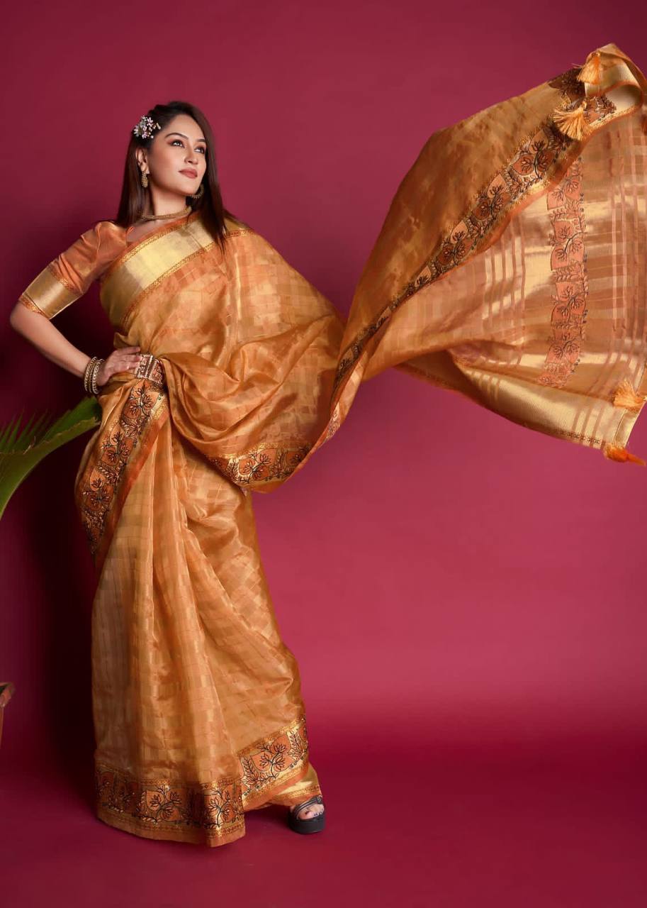 Orange Tissue Organza Silk Saree