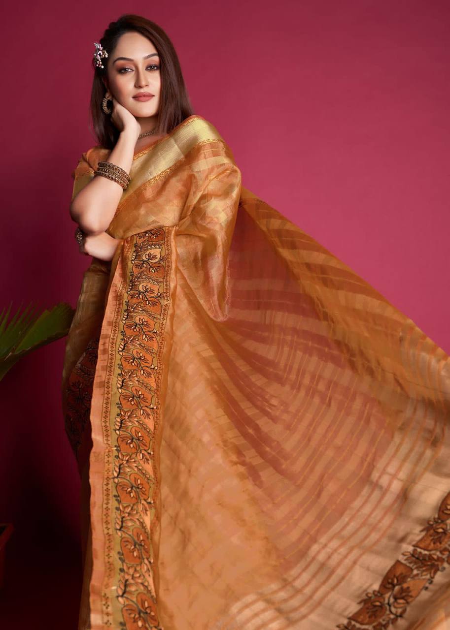 Orange Tissue Organza Silk Saree