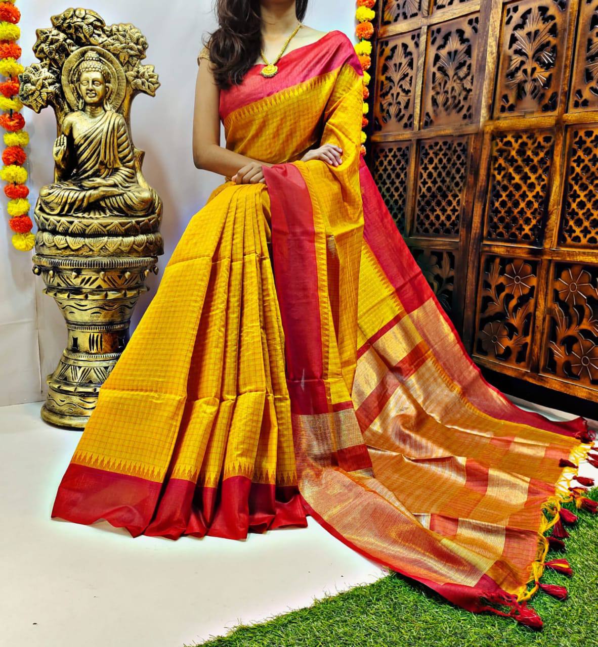 Yellow Semi Tussar Silk Saree With Contrast Bomkai Temple Border