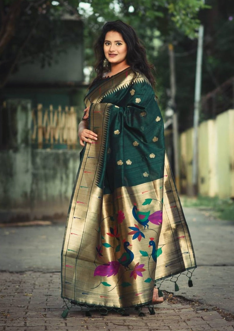 Green Banarasi Tussar Silk Paithani Saree With Pure Zari Woven Border