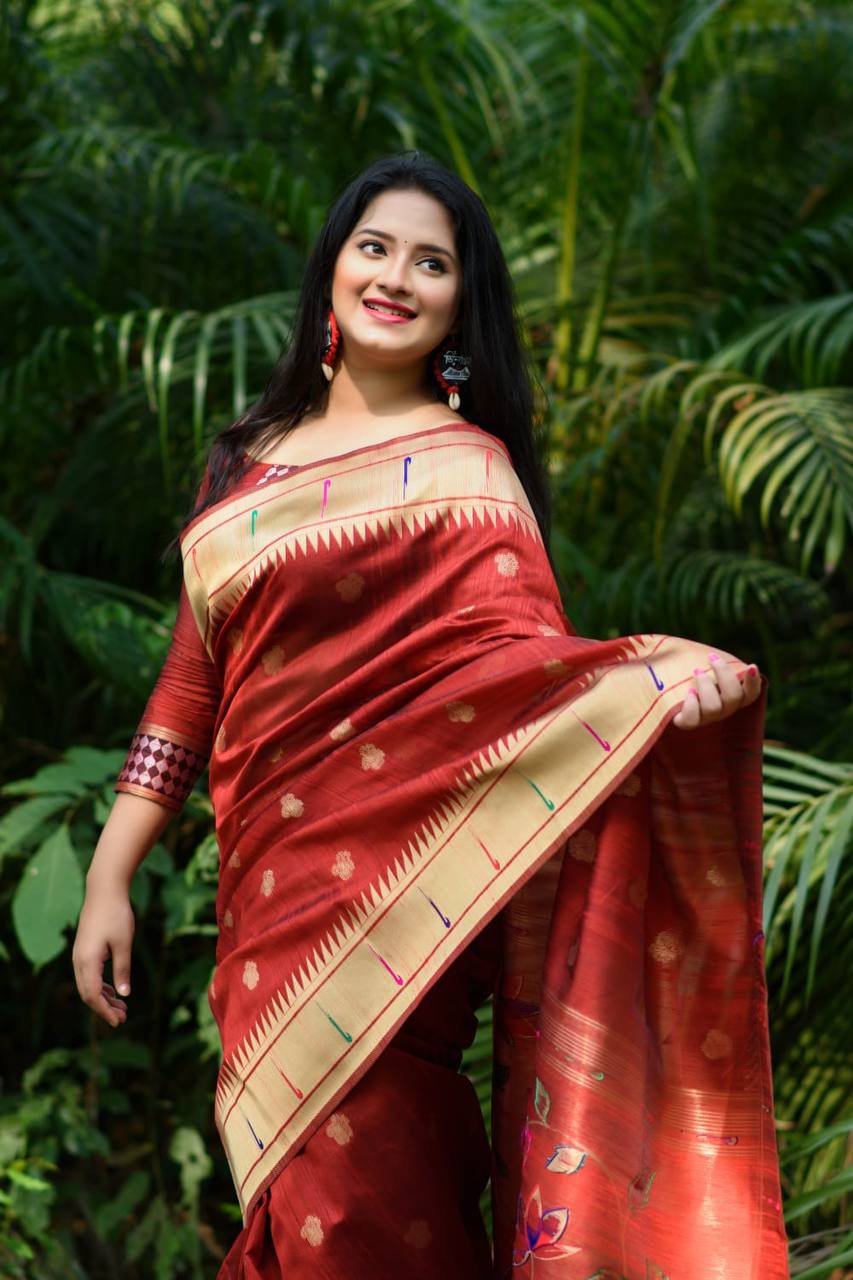 Red Banarasi Tussar Silk Paithani Saree With Pure Zari Woven Border