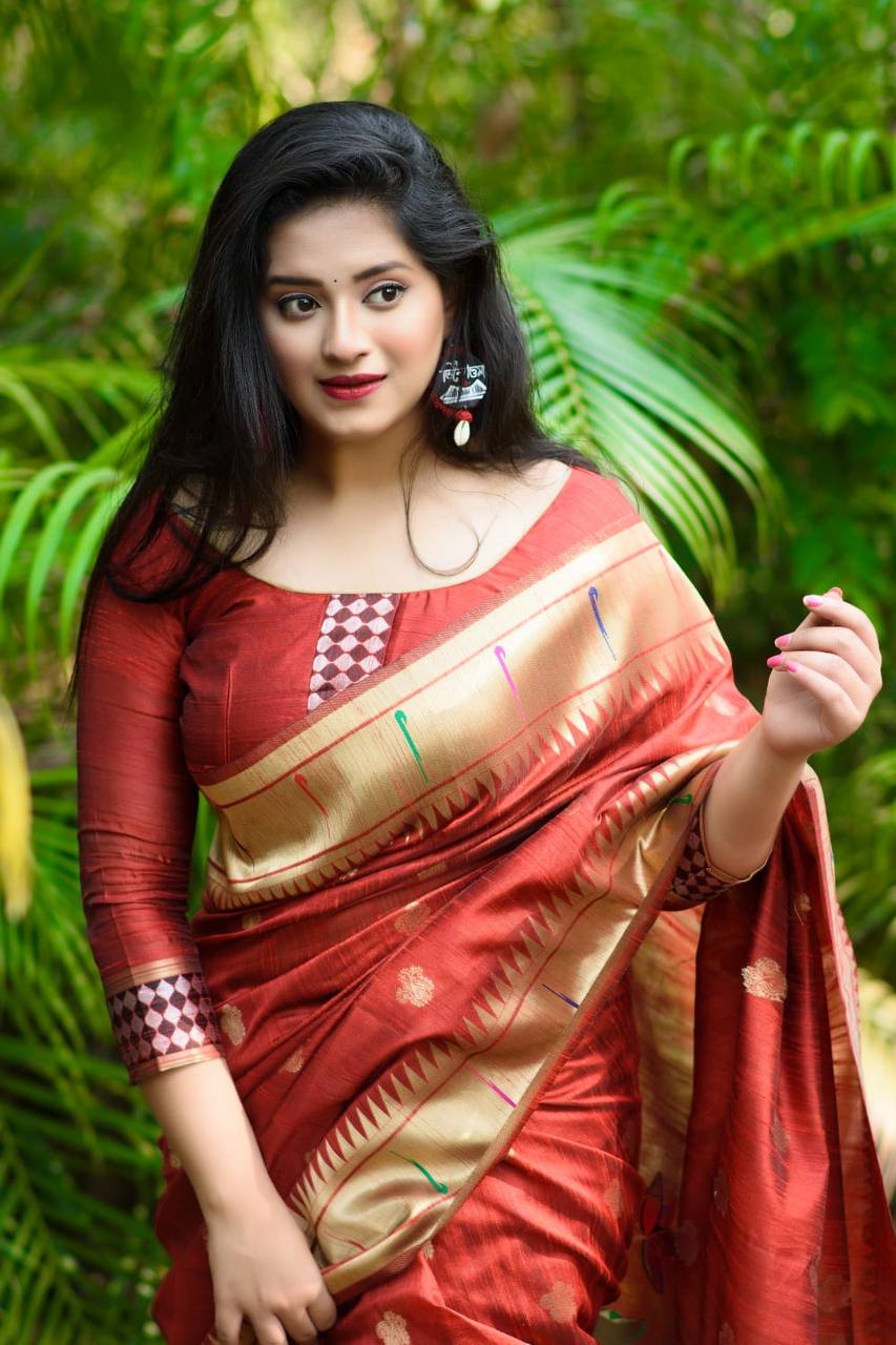 Red Banarasi Tussar Silk Paithani Saree With Pure Zari Woven Border